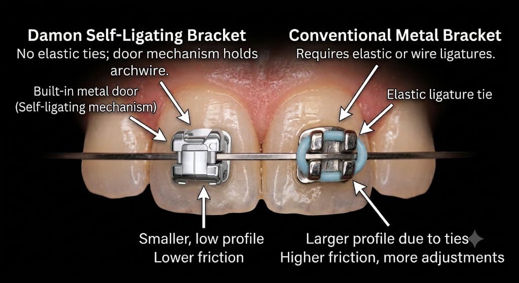 Damon self-ligating bracket (left) vs conventional metal bracket with elastic tie (right)